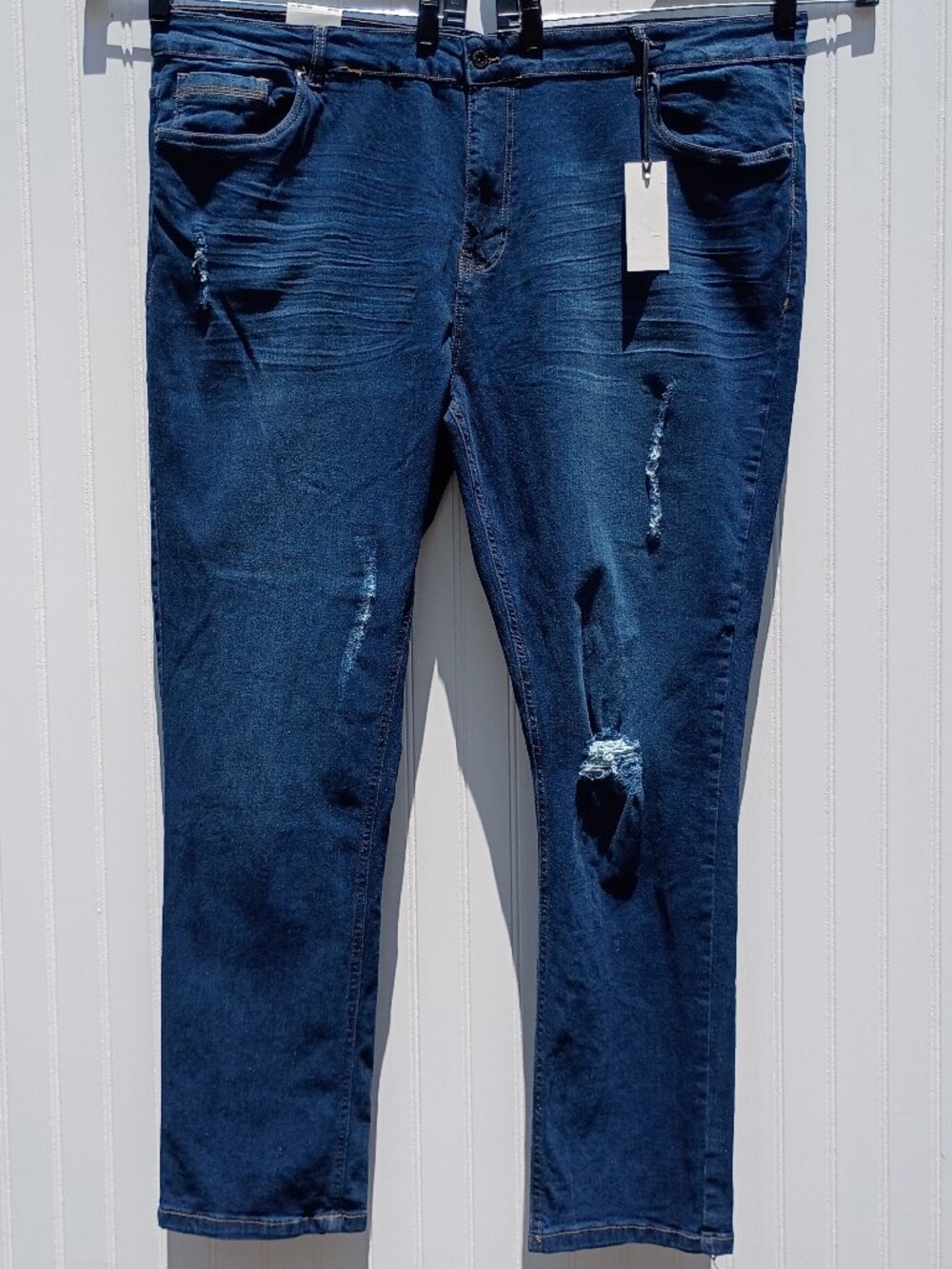 NWT Men's Kenneth Cole Reaction Blue Jeans 44 x 32 Regular Dark Ripped Stretch